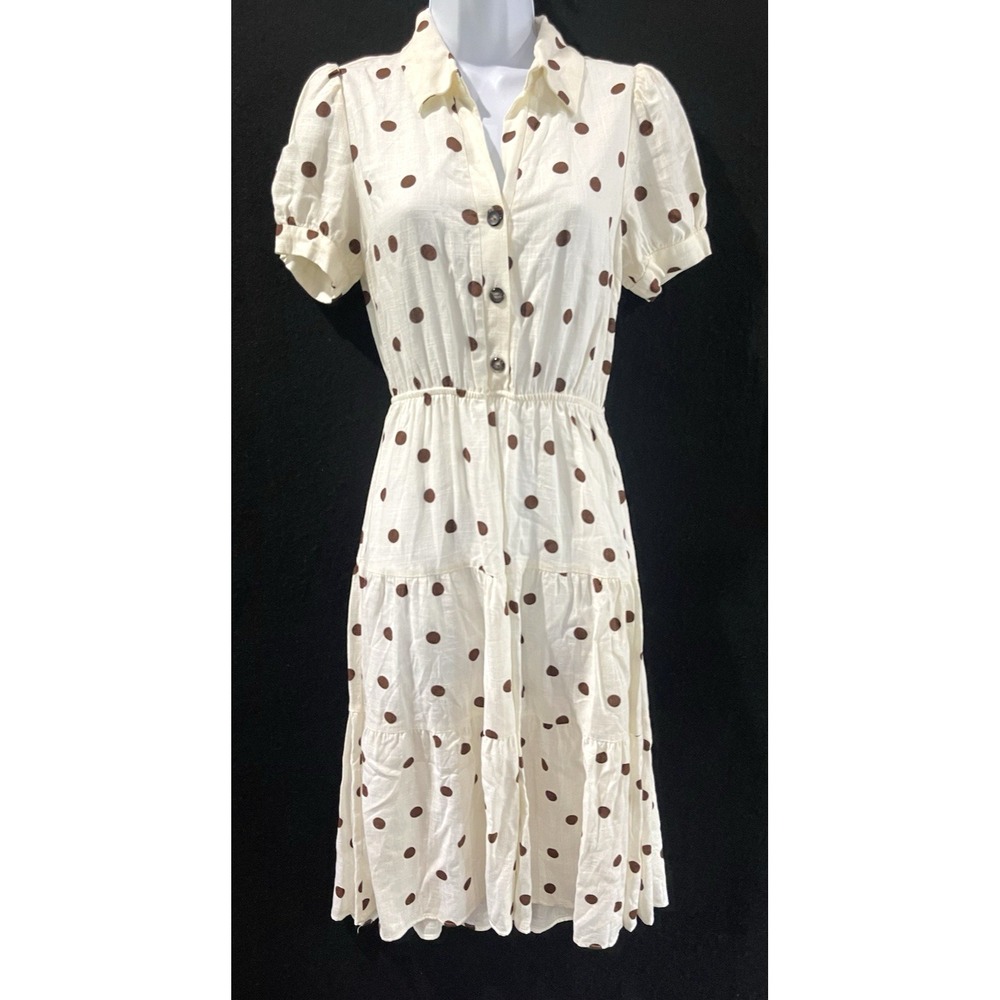 Brown and Creme Polka Dot Modern Vintage Dress Small Cottagecore Polished Chic